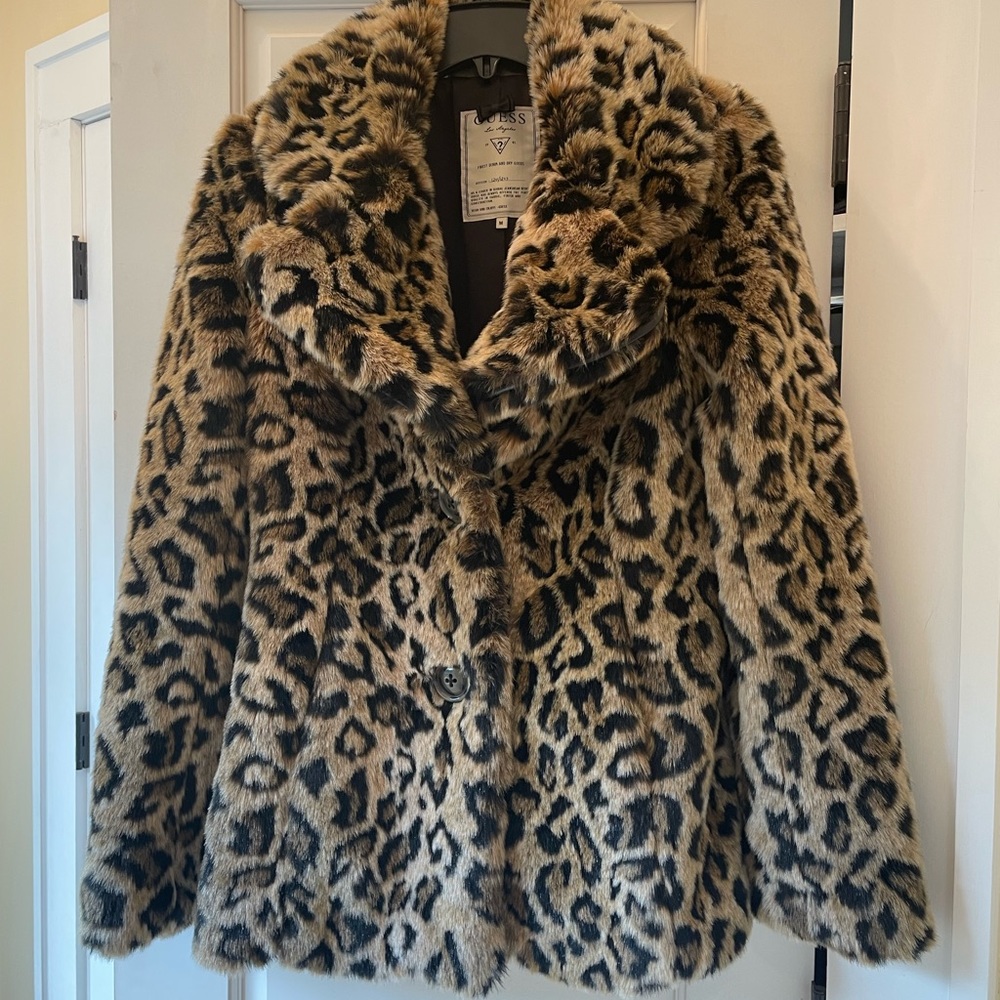 Leopard Print Faux Fur Pea Coat